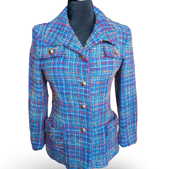 I Magnin Jackets & Blazers - Vintage 1960s CHANEL Inspired Multicolor Wool Tweed Plaid Jacket by I Magnin S/M